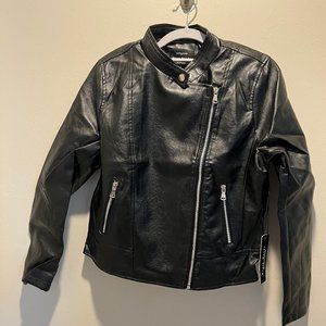 Womens Black Faux Leather Aviator Jacket